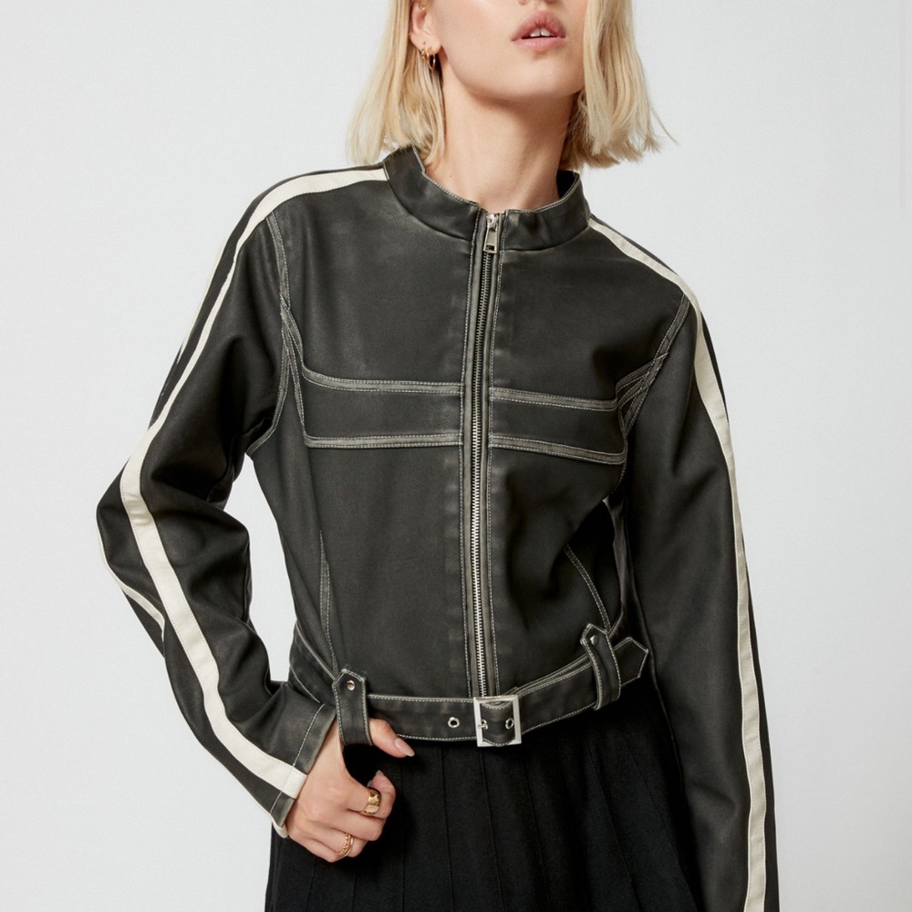 Urban Outfitters Black Leather Jacket with White Stripes